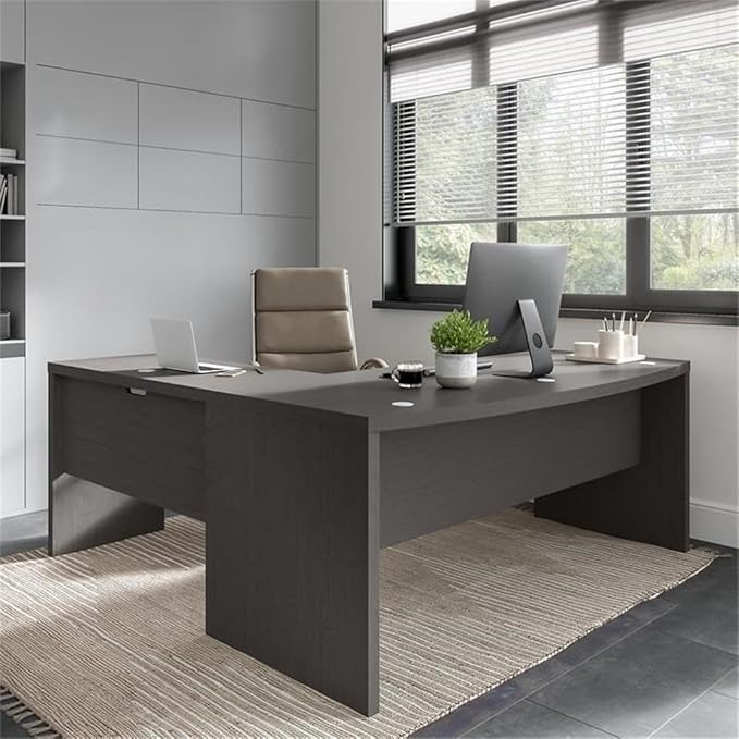 Bush Furniture L Shape Desk with Wire Management | Echo Collection Corner Bow Front Table for Home Office with Quick-To-Assemble Hardware | 72Wx77Lx30H