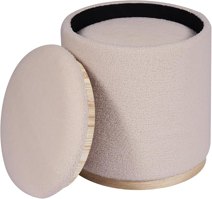 PINPLUS Round Ottoman with Storage Set of 2, Vanity Stool with Storage, Small Ottoman with Tray Teddy Velvet Foot Rest Stool for Bedroom, Living Room, Dorm (Beige)