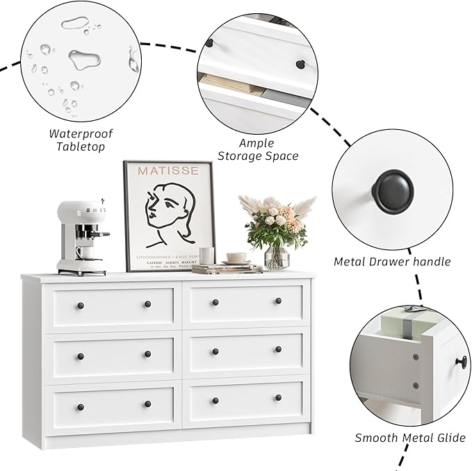 CHUWELL White Dresser for Bedroom, 55.1" Wide Dressers & Chests of Drawers with Large Capacity Storage, 6 Drawer Dresser for Bedroom