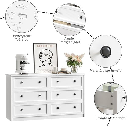 CHUWELL White Dresser for Bedroom, 55.1" Wide Dressers & Chests of Drawers with Large Capacity Storage, 6 Drawer Dresser for Bedroom