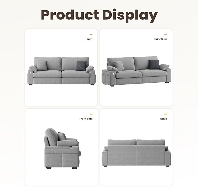 89" Loveseat Sofa, Cloud Foam Couch, 3 Seater Upholstered Midcentury Mondern Love Seat with USB Type C Ports, 4 Pillows and Flip-Open Storage Armrest for Living Room/Small Spaces, Gray