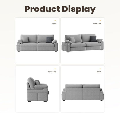 89" Loveseat Sofa, Cloud Foam Couch, 3 Seater Upholstered Midcentury Mondern Love Seat with USB Type C Ports, 4 Pillows and Flip-Open Storage Armrest for Living Room/Small Spaces, Gray