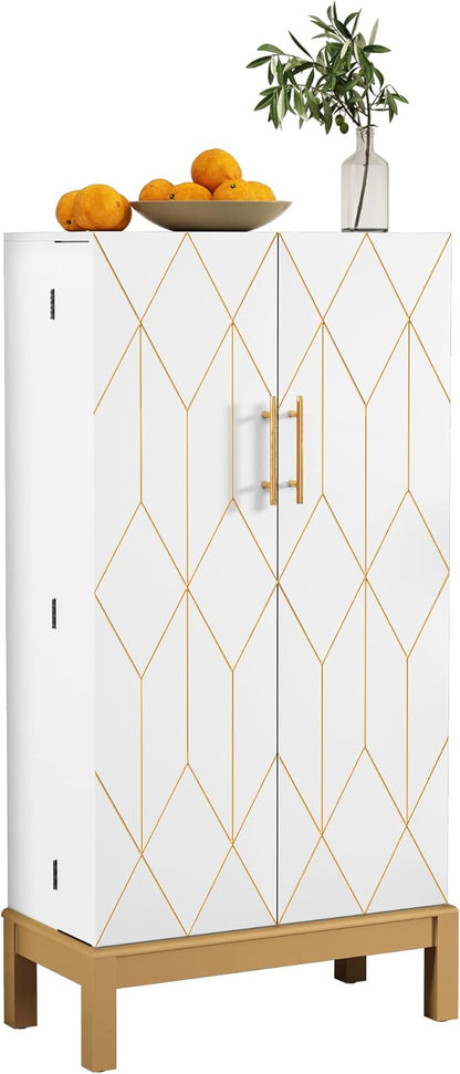 ARTPOWER 45'' Kitchen Pantry Cabinet, 4 - Layer Storage Cupboard with Adjustable Shelves for Storage Cabinet Pantry, Food Pantry Cabinet for Kitchen, Dining Room and Living Room,Gold Legs, White
