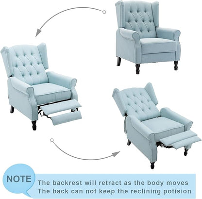 Pushback Recliner, Modern Accent Arm Reclining Sofa, Fabric Wingback Chair for Living Room & Bedroom, Light Blue