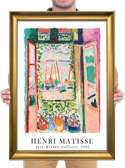 Wieco Art Large Framed Wall Art Open Window Collioure 1905 by Henri Mattise Abstract Colorful Art Matisse Posters Canvas Prints for Wall and Home Office Decorations Bronze Gold Frame