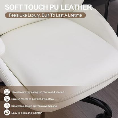 Home Office Desk Chair, PU Casters Ergonomic Computer Chair with Lumbar Support, Adjustable Height, 360°Rolling Swivel Chair, High Back Executive Task, Padded Armrests Chair, White Leather