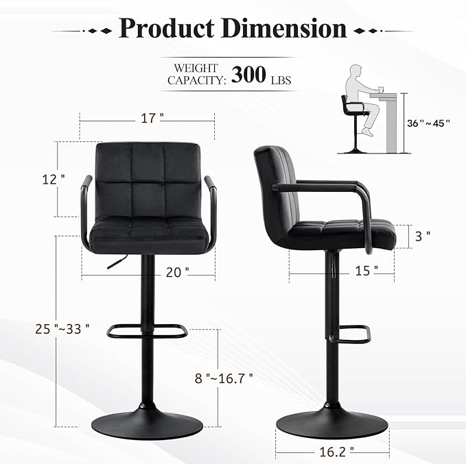 Furniliving Adjustable Barstools with Back, Black bar stools Set of 2, Velvet 360°Swivel Bar Stools, Double Stitching Counter Stools for Kitchen, Bar (Black)