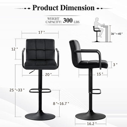 Furniliving Adjustable Barstools with Back, Black bar stools Set of 2, Velvet 360°Swivel Bar Stools, Double Stitching Counter Stools for Kitchen, Bar (Black)