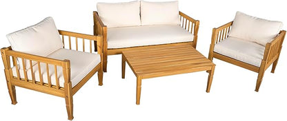 Scott Living Darla 4 Seater Conversation Set, Acacia Wood Loveseat and Club Chairs, Sofa Set with Cushion, Retangular Slats Coffee Table, 4 Piece Outdoor Rustic Acacia Wood Seating Set, Teak+Beige