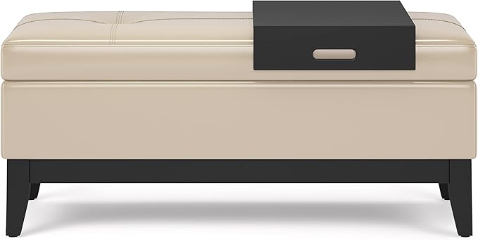 SIMPLIHOME Oregon 42 inch Wide Transitional Rectangle Storage Ottoman Bench with Tray in Satin Cream Vegan Faux Leather, Assembled, For the Living Room, Entryway and Family Room