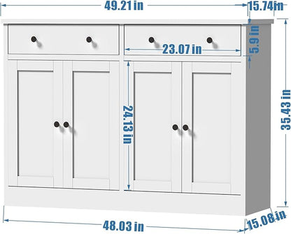 49" White Buffet Cabinet with Doors & Drawers, Modern Kitchen Storage Sideboard, Coffee Bar Console for Dining Room, Living Room, Entryway