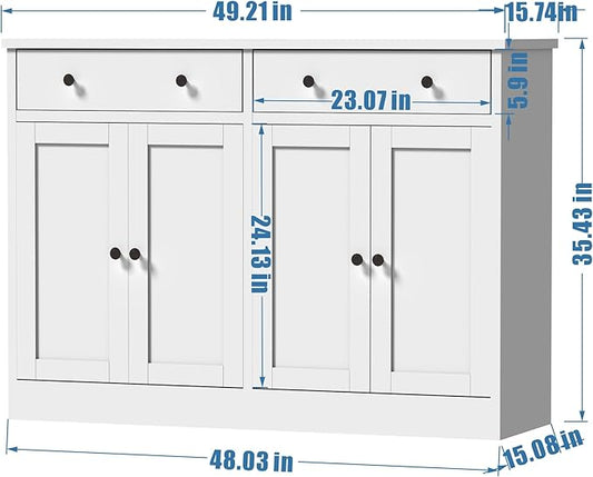 49" White Buffet Cabinet with Doors & Drawers, Modern Kitchen Storage Sideboard, Coffee Bar Console for Dining Room, Living Room, Entryway