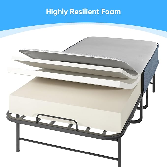 Mjkone Folding Bed with Mattress, 5 Inch Rollaway Bed for Adults, Fold Up Beds with Lockable Wheels, Sturdy Metal Fold Away Frame for Bedroom/Guest, Space Saving（75" x 38"）