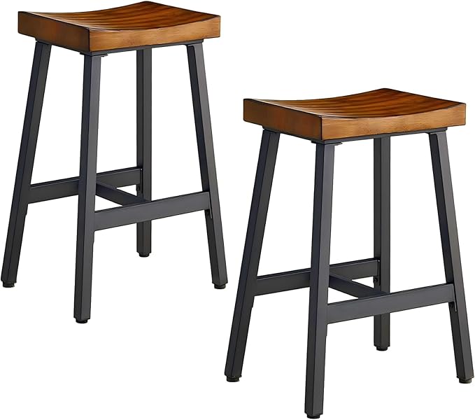 OUllUO Bar Stools Set of 2, Backless Saddle Barstools, 25" Counter Height Bar Stools, Solid Wood Counter Stools with Metal Frame, 521P-BBWD