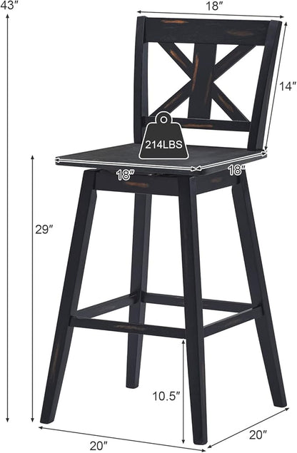 COSTWAY Bar Stools Set of 2, 360 Degree Swivel, 29-inch Height Chairs w/Non-Slip Foot Pads, Rubber Wood Bar Chairs, Vintage Bar Stools for Home, Restaurant (Black)
