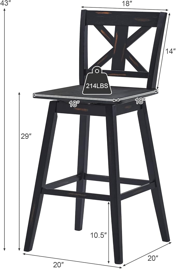 COSTWAY Bar Stools Set of 4, 360 Degree Swivel, 29-inch Height Chairs w/Non-Slip Foot Pads, Rubber Wood Bar Chairs, Vintage Bar Stools for Home, Restaurant (Black)