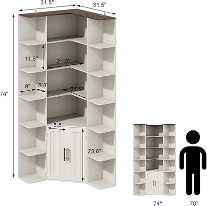 74" Tall Corner Bookshelf with 2 Arched Doors, 6-Tire L Shaped Bookcase with 16 Open Storage Shelves, Rustic Large Corner Shelf with Cabinet for Living Room, Home Office