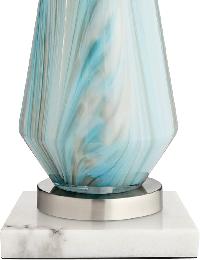 Possini Euro Design Jaime Coastal Table Lamp 26" High with Square White Marble Riser Blue Gray Art Glass White Drum Shade for Bedroom Living Room Nightstand Bedside Night Stand Office Kids Room