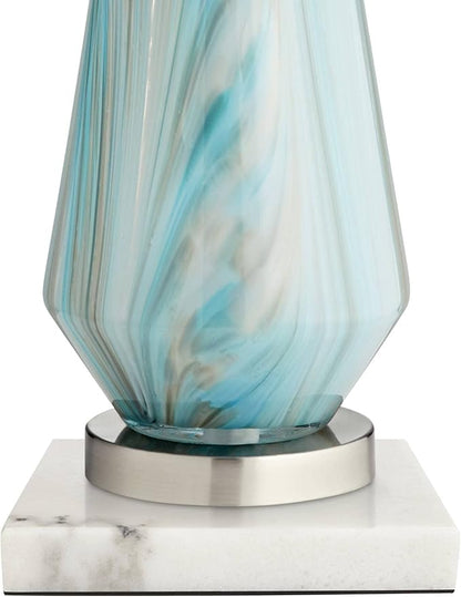 Possini Euro Design Jaime Coastal Table Lamp 26" High with Square White Marble Riser Blue Gray Art Glass White Drum Shade for Bedroom Living Room Nightstand Bedside Night Stand Office Kids Room