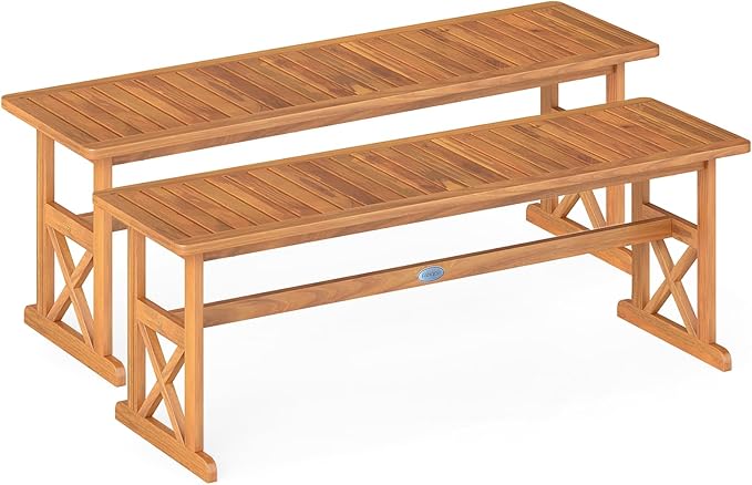 Tangkula Outdoor Acacia Wood Bench, Set of 2 Backless Patio Dining Bench with Slatted Seat & 800 lbs Weight Capacity, Outside Loveseat Seating Furniture for Front Porch, Garden, Balcony & Backyard