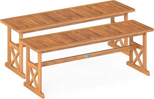 Tangkula Outdoor Acacia Wood Bench, Set of 2 Backless Patio Dining Bench with Slatted Seat & 800 lbs Weight Capacity, Outside Loveseat Seating Furniture for Front Porch, Garden, Balcony & Backyard