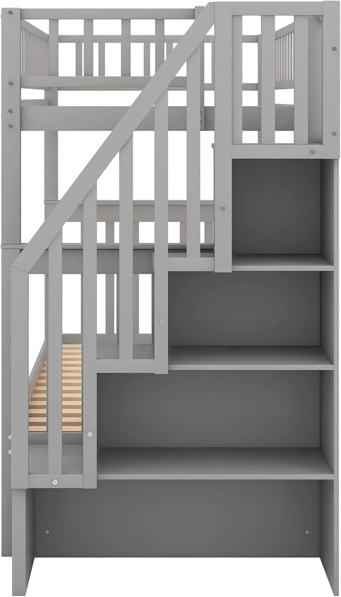 Twin-Over-Twin Bunk Bed with Trundle,Guardrail and 4 Storage Shelves,Wood Bunk-Bed W/Planked Panel Headboards & Footboards,Bedroom Furniture for Children,Teens,Adults,Gray