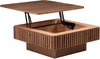 Square Lift-top Coffee Table for Living Room, Fluted Coffee Tables with Hidden Storage, Solid Wood Veneered Modern Tea Center Table for Small Space Apartment (Walnut-35.43''D×14.57''H)