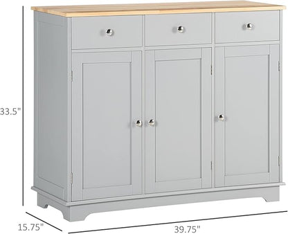 HOMCOM Sideboard with Solid Wood Countertop, Modern Kitchen Storage Cabinet, Coffee Bar Cabinet with 3 Drawers, Doors and Adjustable Shelf, Gray