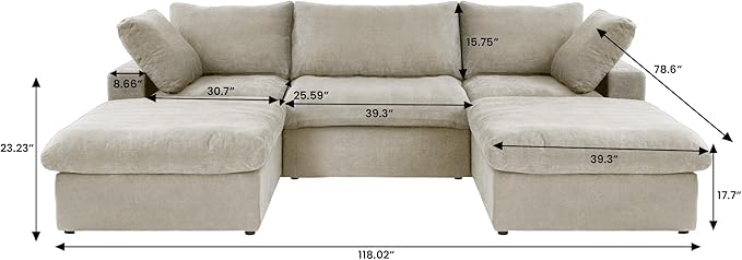 120" Cloud Modular Sectional Sofa with Storage Ottoman,Down Filled Comfort U Shaped Sofa Couch for Living Room,Minimalist Wide Deep Seat 5 Seater Convertible Couches for Office Apartment,Khaki