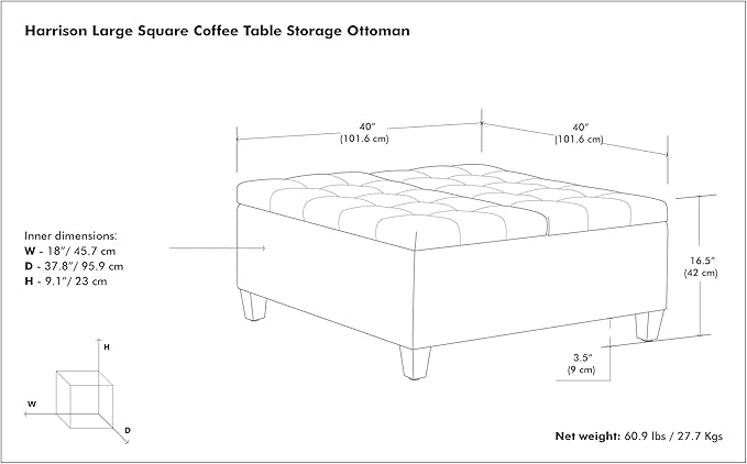 SIMPLIHOME Harrison 40 inch Wide Transitional Square Large Coffee Table Storage Ottoman in Cloud Grey , Assembled, For the Living Room and Bedroom