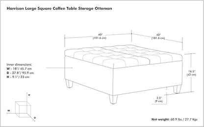 SIMPLIHOME Harrison 40 inch Wide Transitional Square Large Coffee Table Storage Ottoman in Cloud Grey , Assembled, For the Living Room and Bedroom