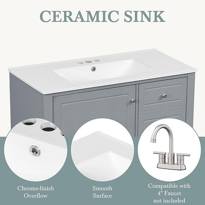 36 Inch Bathroom Vanity with Sink Set, Undermount Vanity Sink Cabinet with 3 Drawers and Door Storage, Soft Closing Door, Wood Frame, Gray