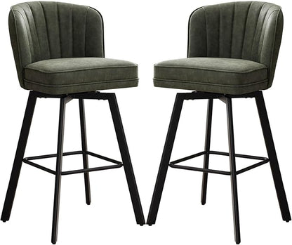 Swivel Counter Height Bar Stools Set of 2, 30'' Modern Barstools with Backs and Metal Legs, Upholstered Bar Chairs, Faux Leather Green Stools for Kitchen Island Chairs