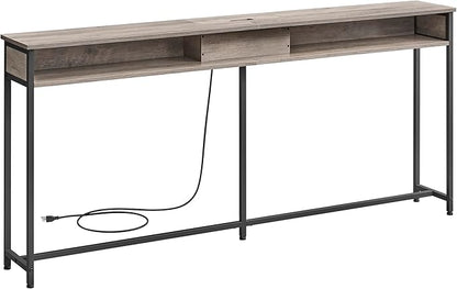 VASAGLE 70.9-Inch Console Table with Outlet and Shelves, Sofa Table with Charging Station, Behind Couch Table Skinny, Entryway Table for Hallway, Living Room, Heather Greige and Ink Black ULNT118B02