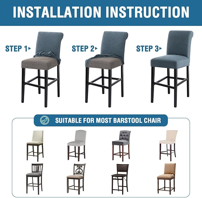 H.VERSAILTEX 100% Waterproof High Chair Cover Dining Chair Seat Covers Stretch Bar Stool Covers Removable Counter Stool Pub Chair Slipcover Chair Covers Jacquard Crizzle Pattern Set of 2, Stone Blue