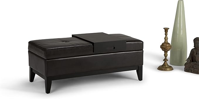 SIMPLIHOME Oregon 42 inch Wide Contemporary Rectangle Storage Ottoman Bench with Tray in Tanners Brown Vegan Faux Leather, Assembled, For the Living Room, Entryway and Family Room
