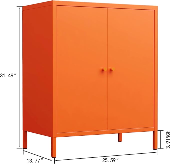 Living Room Cabinets,Orange Lockable Storage Cabinets with Doors and Shelves,2 Door Cabinet with high feet,Modern Metal Locker,Low Side Cupboard for Home,Office,Kitchen,Bathroom,Dining Room
