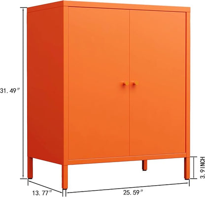 Living Room Cabinets,Orange Lockable Storage Cabinets with Doors and Shelves,2 Door Cabinet with high feet,Modern Metal Locker,Low Side Cupboard for Home,Office,Kitchen,Bathroom,Dining Room