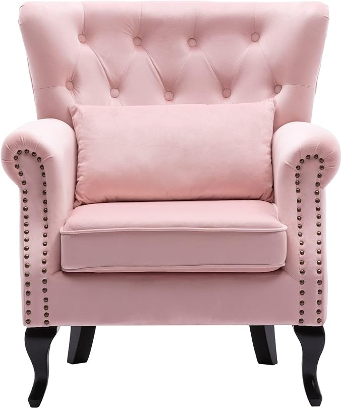 chairus Mid-Century Modern Accent Chair Comfy Tufted Single Sofa Chair Wingback Armchair with Pillow for Club, Living Room, Bedroom - Velvet, Pink
