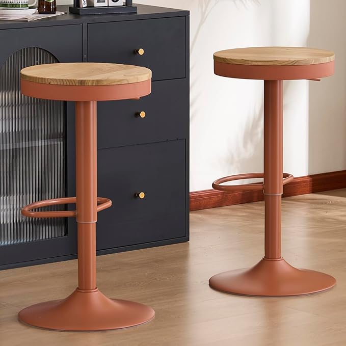 Kidol & Shellder Bar Stools Set of 2 Round Adjustable Swivel Barstools Modern Backless Bar Chairs Wooden Seat Counter Height Stools Armless for Kitchen Island, Cafe, Dining Room Terracotta