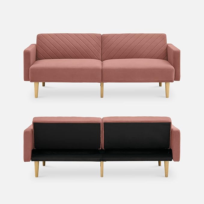 mopio 76.4" Futon Sofa Bed, Couch, Loveseat, Sleeper Sofa, Mid Century Modern Futon Couch, Sofa Cama, Couches for Living Room (Old Rosa Velvet)