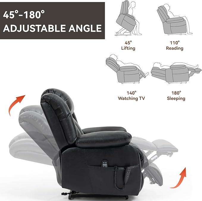 Luxlen Electric Power Lift Recliner Chair with Vibration Massage and Heat, Leather Reclining Chairs for Elderly with Remote Controls, Side Pockets, Big and Tall Recliner, Black