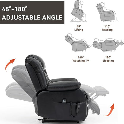 Luxlen Electric Power Lift Recliner Chair with Vibration Massage and Heat, Leather Reclining Chairs for Elderly with Remote Controls, Side Pockets, Big and Tall Recliner, Black