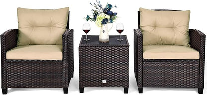 Tangkula 3 Pieces Patio Furniture Set, PE Rattan Wicker 3 Pcs Outdoor Sofa Set w/Washable Cushion and Tempered Glass Tabletop, Conversation Furniture for Garden Poolside Balcony (Beige)