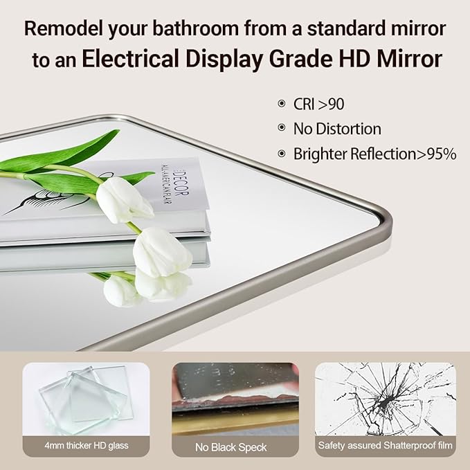 ANDY STAR Wall Mirror for Bathroom, 24x40 Inch Brushed Nickel Rectangle Bathroom Mirror for Over Sink, Modern Silver Rectangular Mirror for Vanity with Non-Rusting Tube Metal Frame, Explosion-Proof