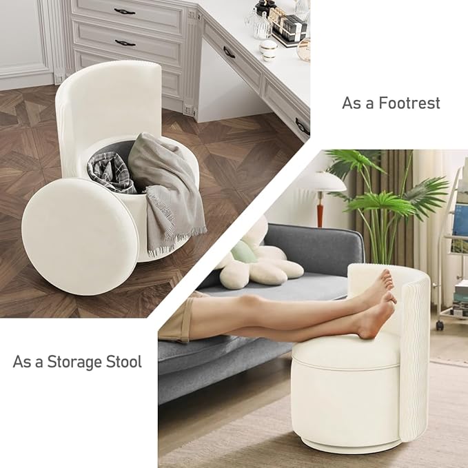 360° Swivel Accent Chair with Storage, Vanity Stool with Back, Velvet Storage Ottoman, Upholstered Round Barrel Vanity Chair for Living Room, Makeup Room, Bedroom (White High-Back)