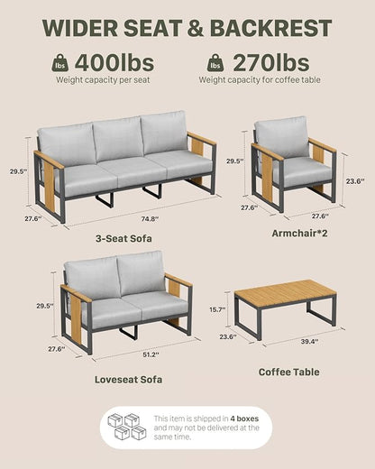 ZANDOR Aluminum Outdoor Patio Furniture Set – 3-Seat Sofa with Washable Thick Cushions,All-Weather Modern Metal Furniture for Garden,Backyard,Porch,Grey