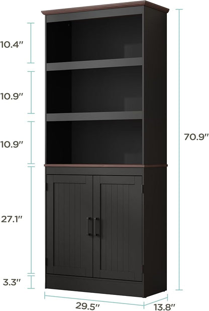 MHOM 71" Tall Bookshelf with Doors, 5 Tiers Farmhouse Bookcase with Adjustable Shelves, Wooden Rustic Display Cabinet for Home Office, Living Room, Black