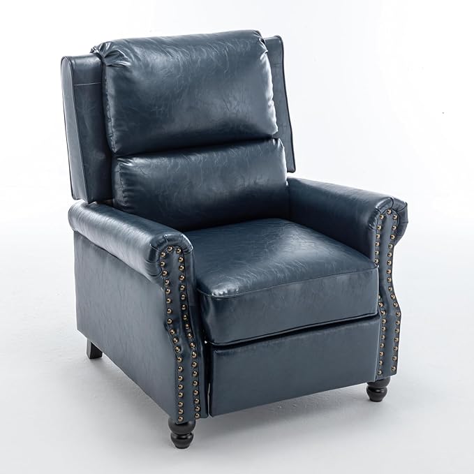 UIXE Faux Leather Pushback Recliner Chairs Set of 2, Overstuffed Armchair Push Back Accent Chair for Living Room, Rivet Trim Club Chair Home Theater Single Sofa Bedroom Side Reading Seat - Navy Blue