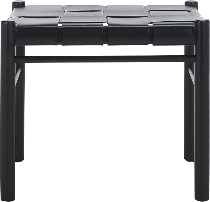 SAFAVIEH Couture Collection Devnie Black Woven Leather & Black Solid Wood Ottoman (Fully Assembled)